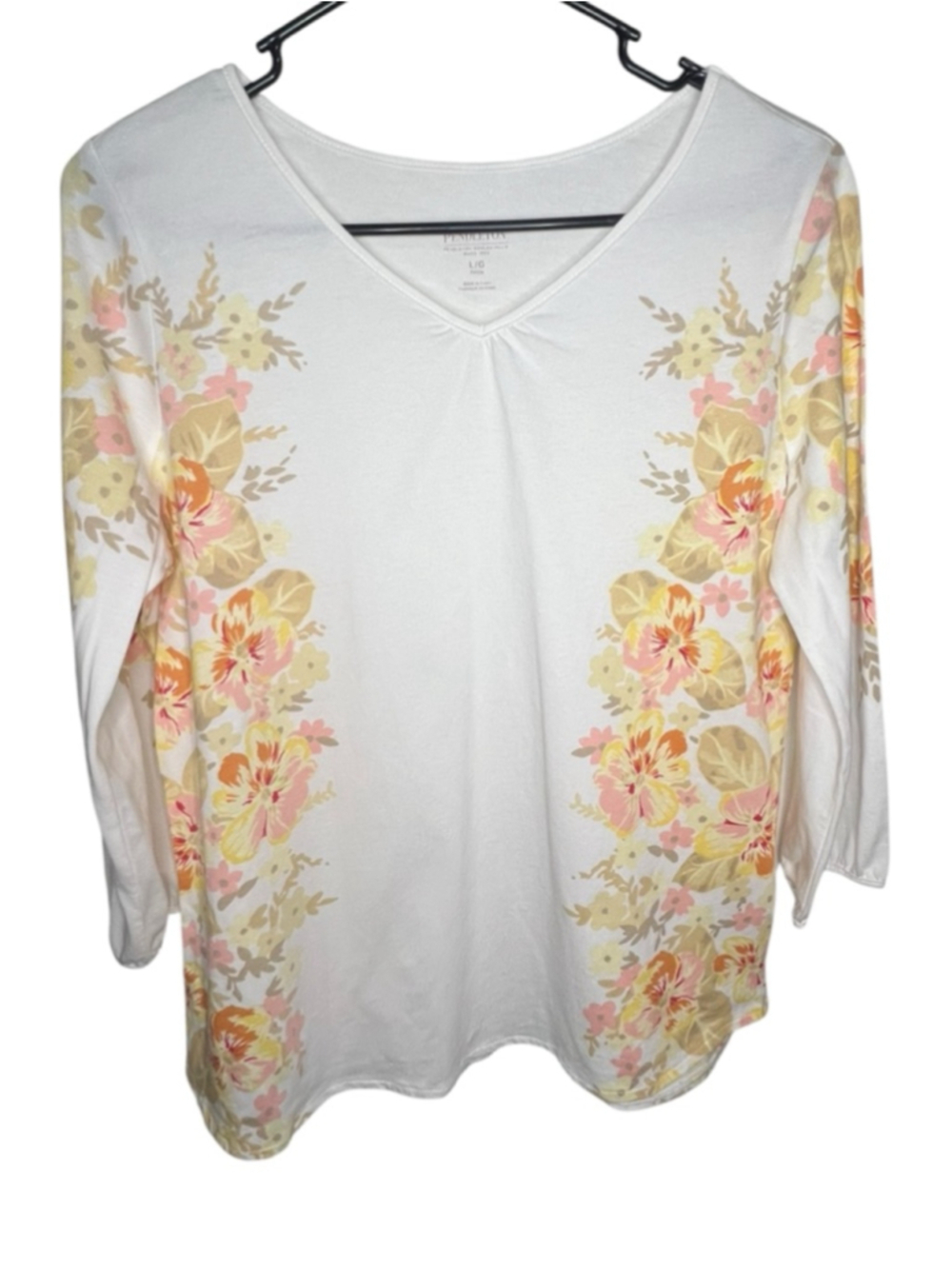 Pendleton White Floral Print 3/4 Sleeve V-Neck Cotton Shirt